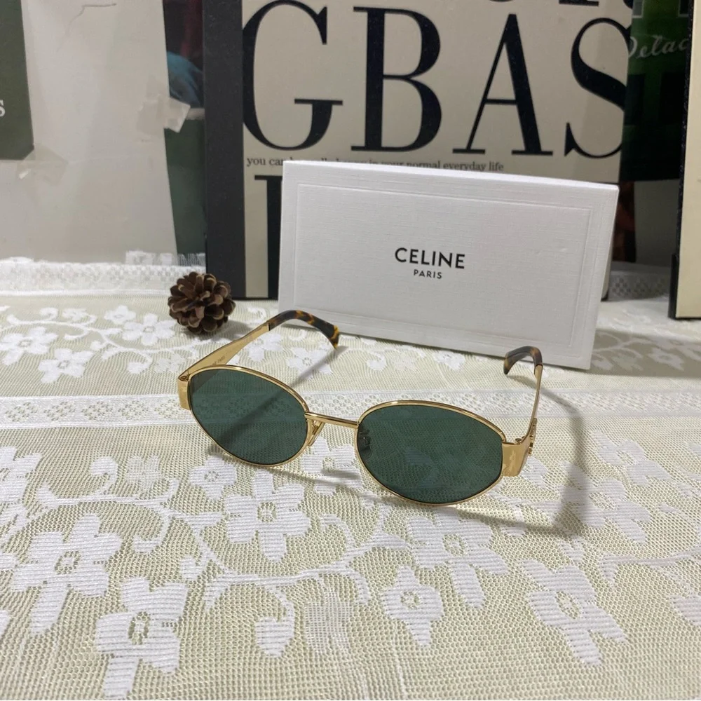 CELINE Gold Frame Oval Sunglasses with Green Lenses